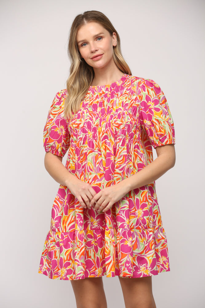 FLORAL PRINT POPLIN SHIRRED BODICE DRESS - J306