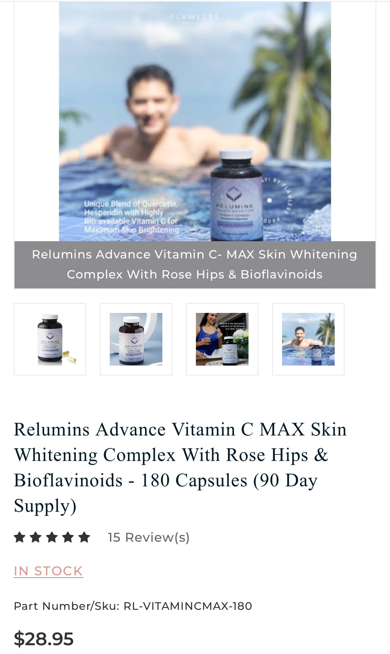 Relumins Advance Vitamin C MAX Skin Whitening Complex With Rose Hips & Bioflavinoids - 180 Capsules (90 Day Supply)