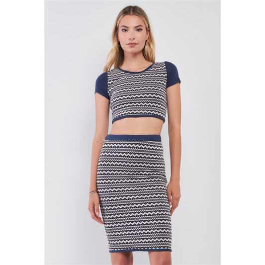 Navy & White Geometrical Pattern Short Sleeve Crop Top & High-waisted Pencil Skirt - Set 549