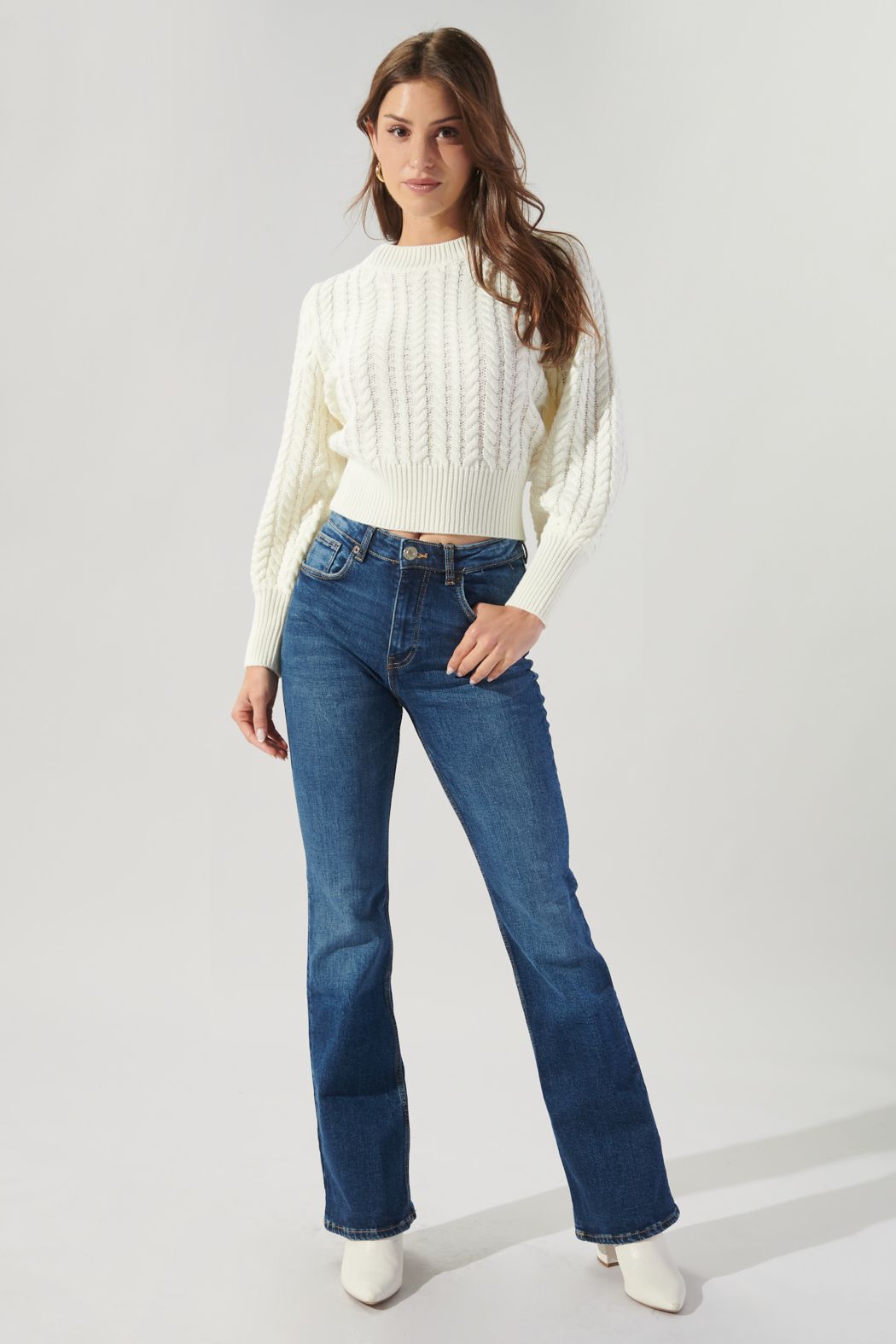 Ashtyn Cable Knit Balloon Sleeve Cropped Sweater - 592B