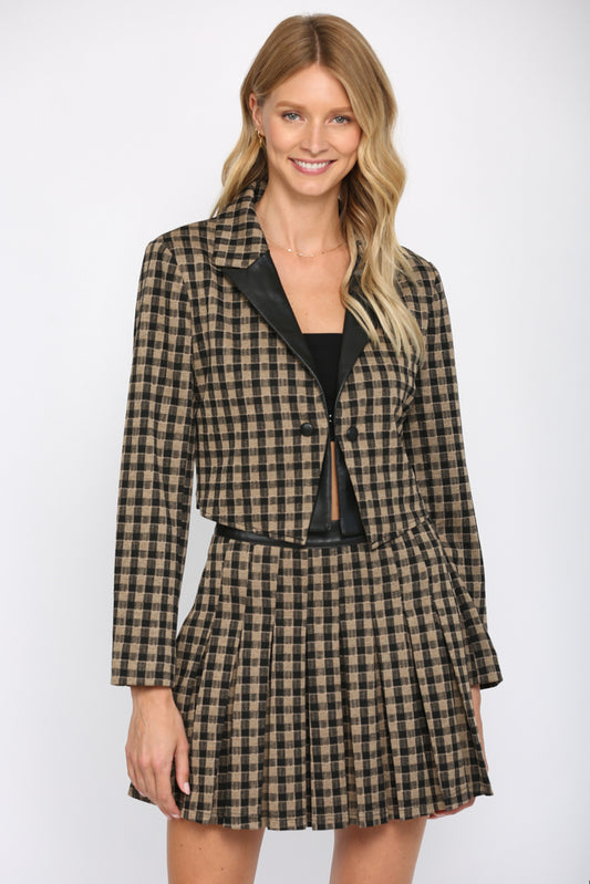 FAUX LEATHER TRIM CHECKER PRINT CROP JACKET - A519