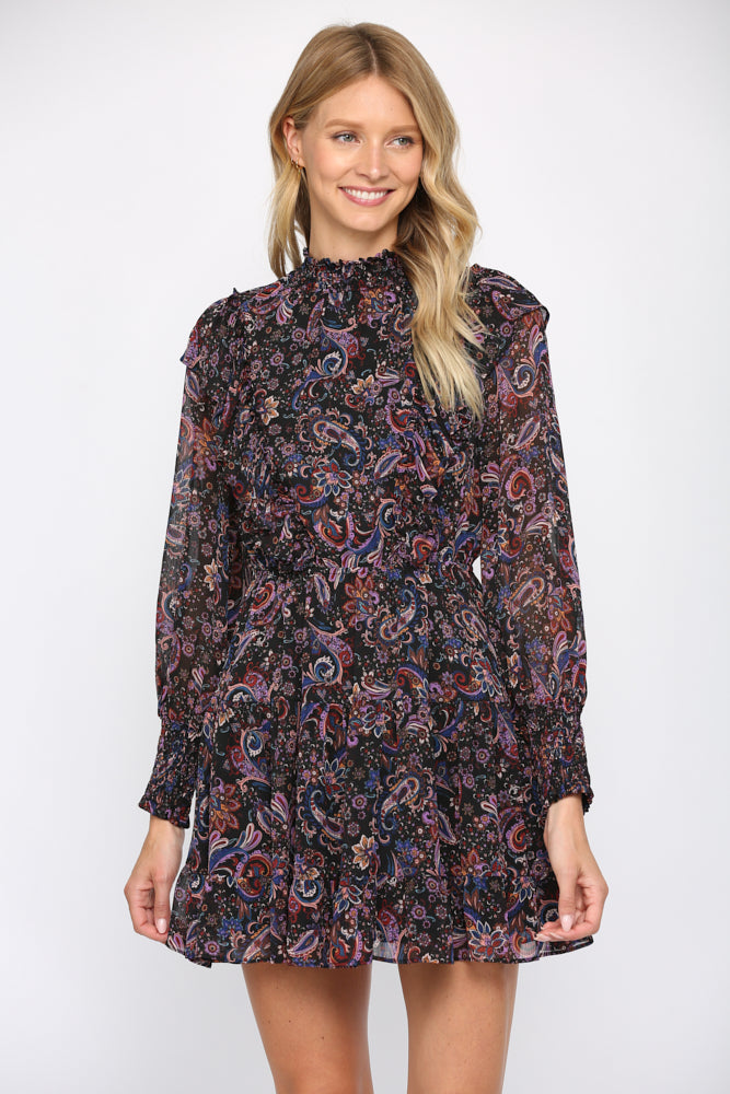 Paisley Print High Smocked Neckline Ruffle Dress - D401