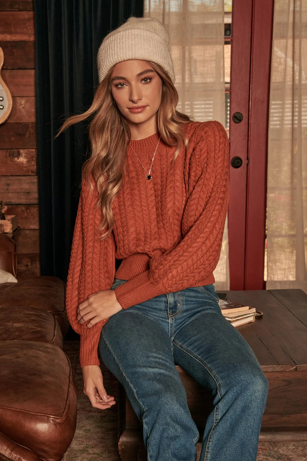 Ashtyn Cable Knit Balloon Sleeve Cropped Sweater - 592B