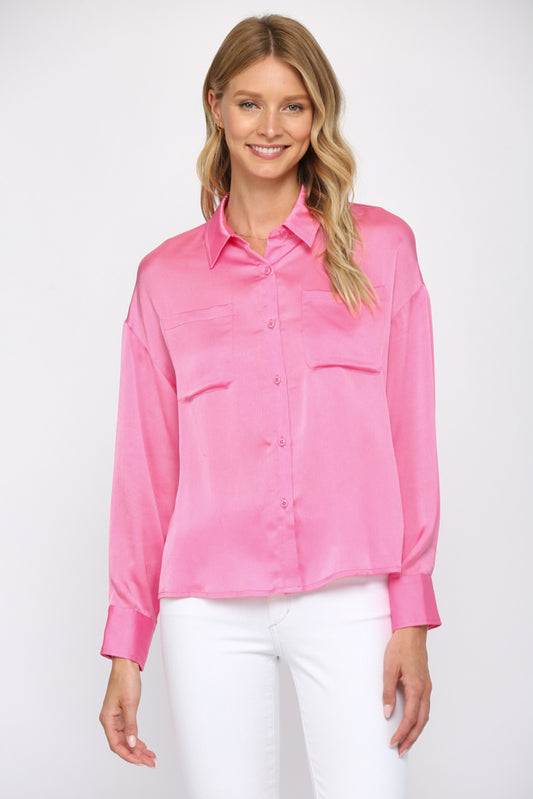 SOLID SATIN BUTTON DOWN SHIRT - 737FC