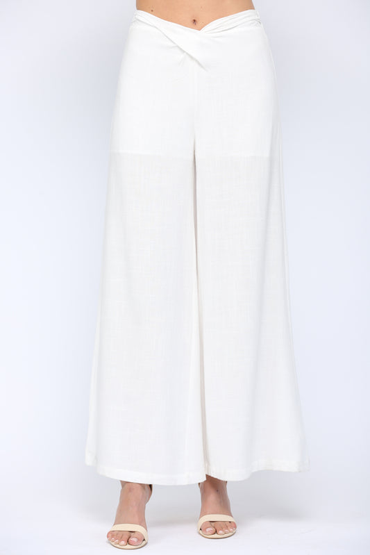 LINEN BLEND TWIST FRONT WAIST WIDE LEG PANTS