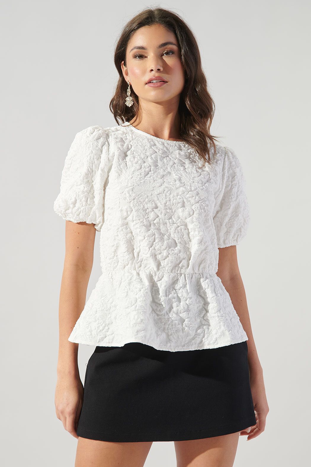 Nohemi Embossed Floral Puff Sleeve Peplum Top - A523