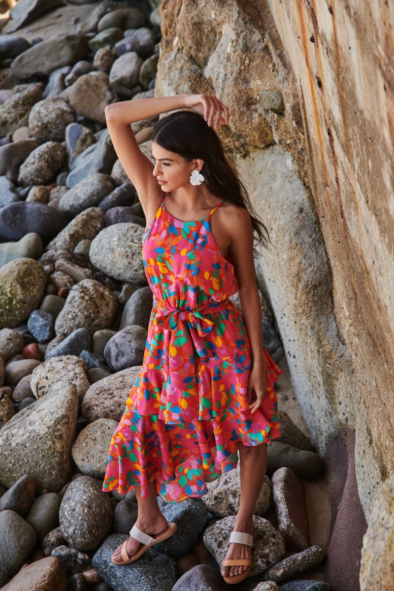 Sweet Soul Fruity Floral Asymmetrical Ruffle Midi Dress - B402