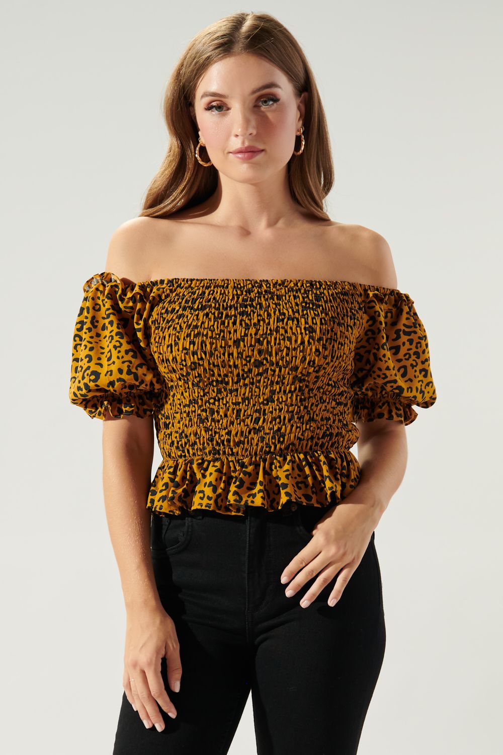 Alexi Leopard Off the Shoulder Smocked Bodice Top - C416