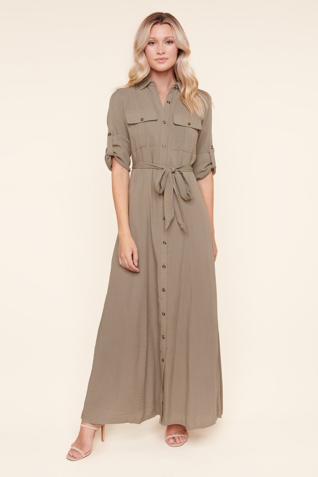 Safari Button Front Maxi Dress - B1004