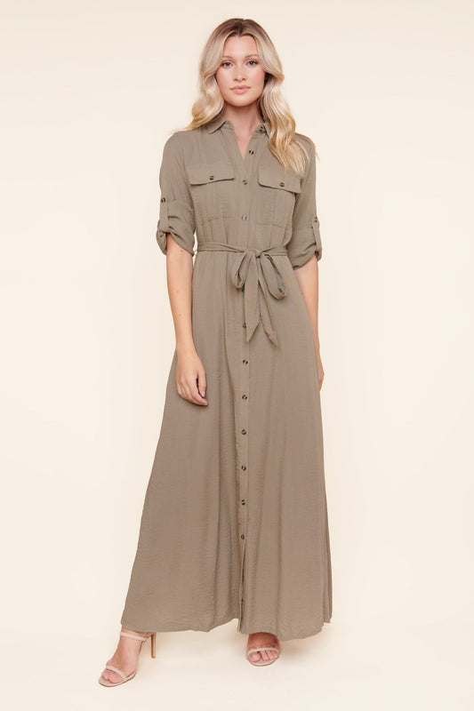 Safari Button Front Maxi Dress - B1004