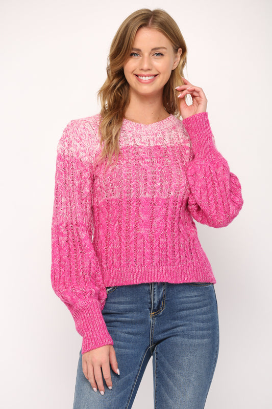 WOOL BLEND CABLE KNITTED PUFF SLEEVE OMBRE SWEATER - 599FB