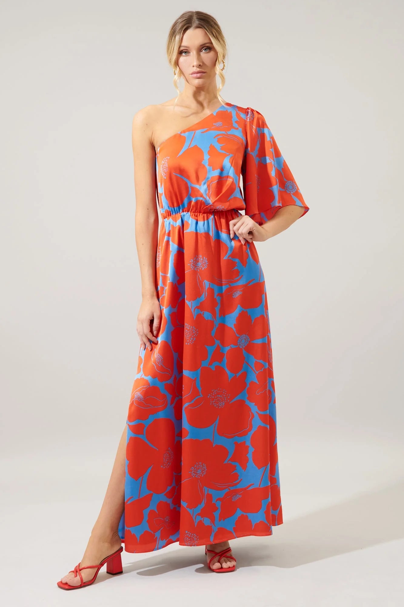 Poppy Floral Meara One Shoulder Satin Maxi Dress - A509