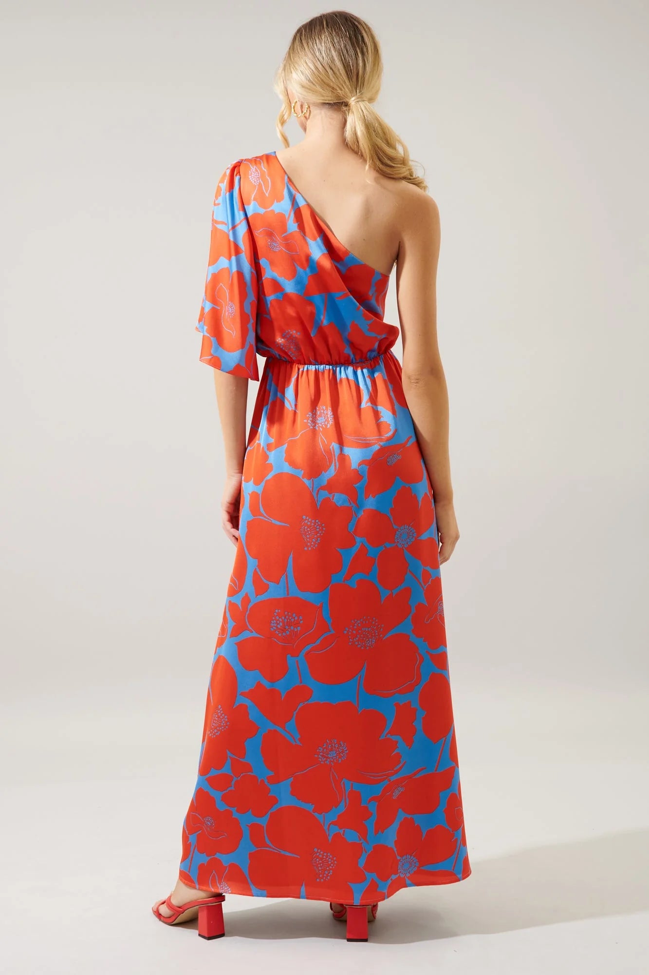 Poppy Floral Meara One Shoulder Satin Maxi Dress - A509