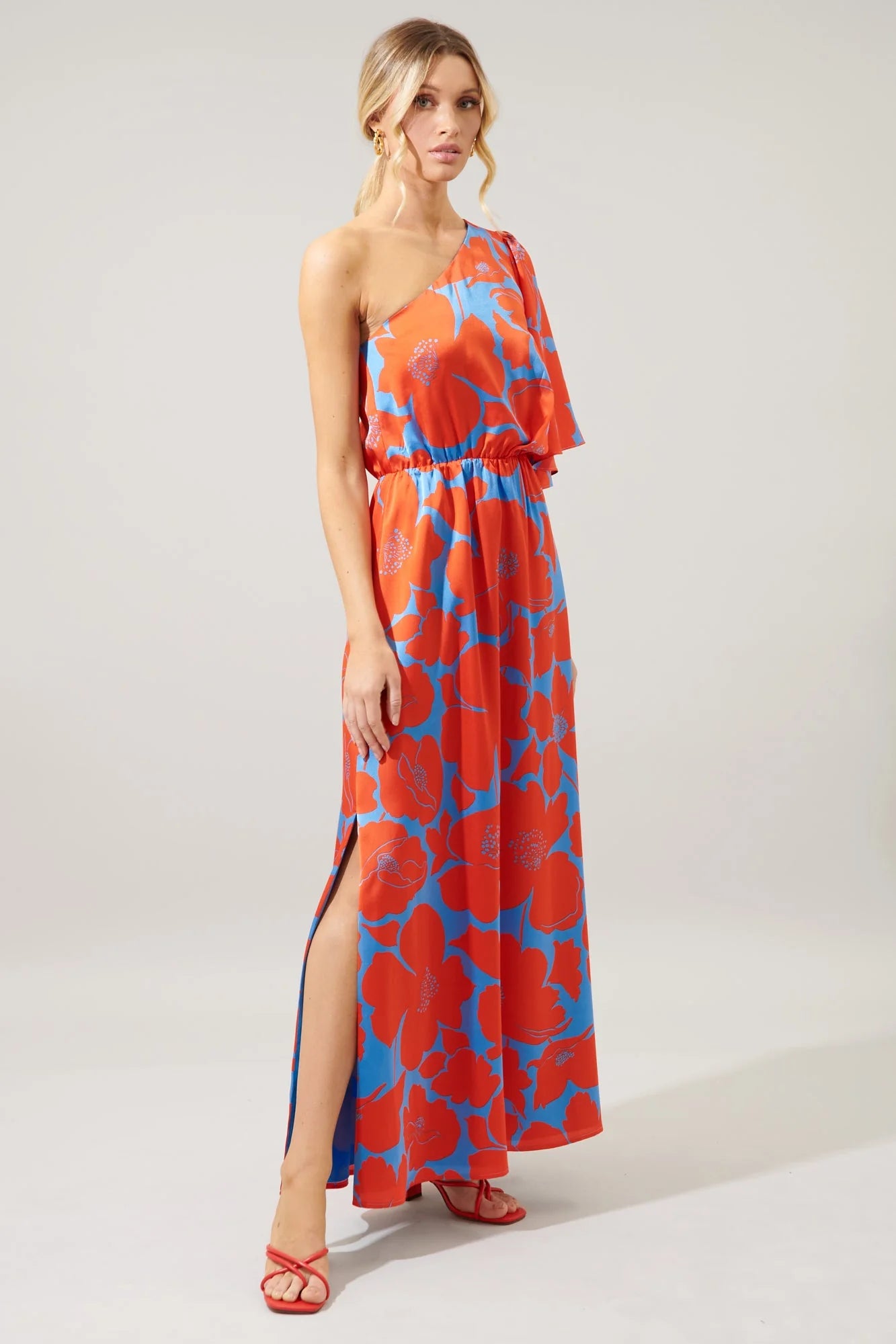 Poppy Floral Meara One Shoulder Satin Maxi Dress - A509