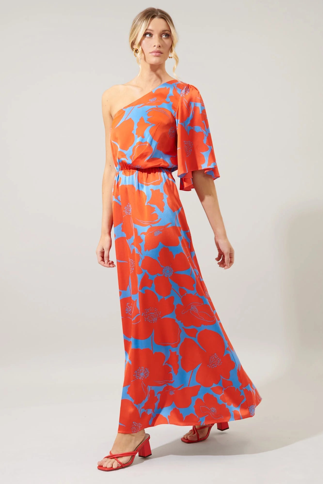 Poppy Floral Meara One Shoulder Satin Maxi Dress - A509