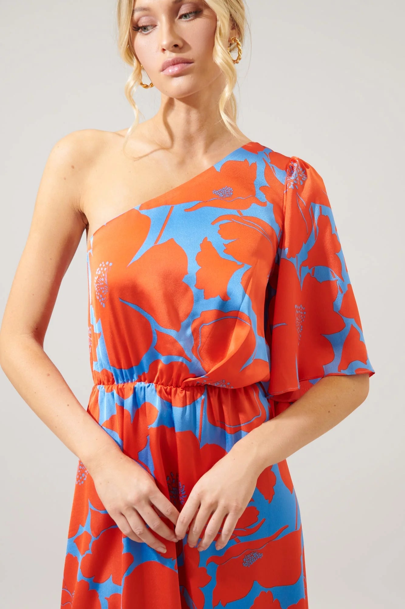 Poppy Floral Meara One Shoulder Satin Maxi Dress - A509