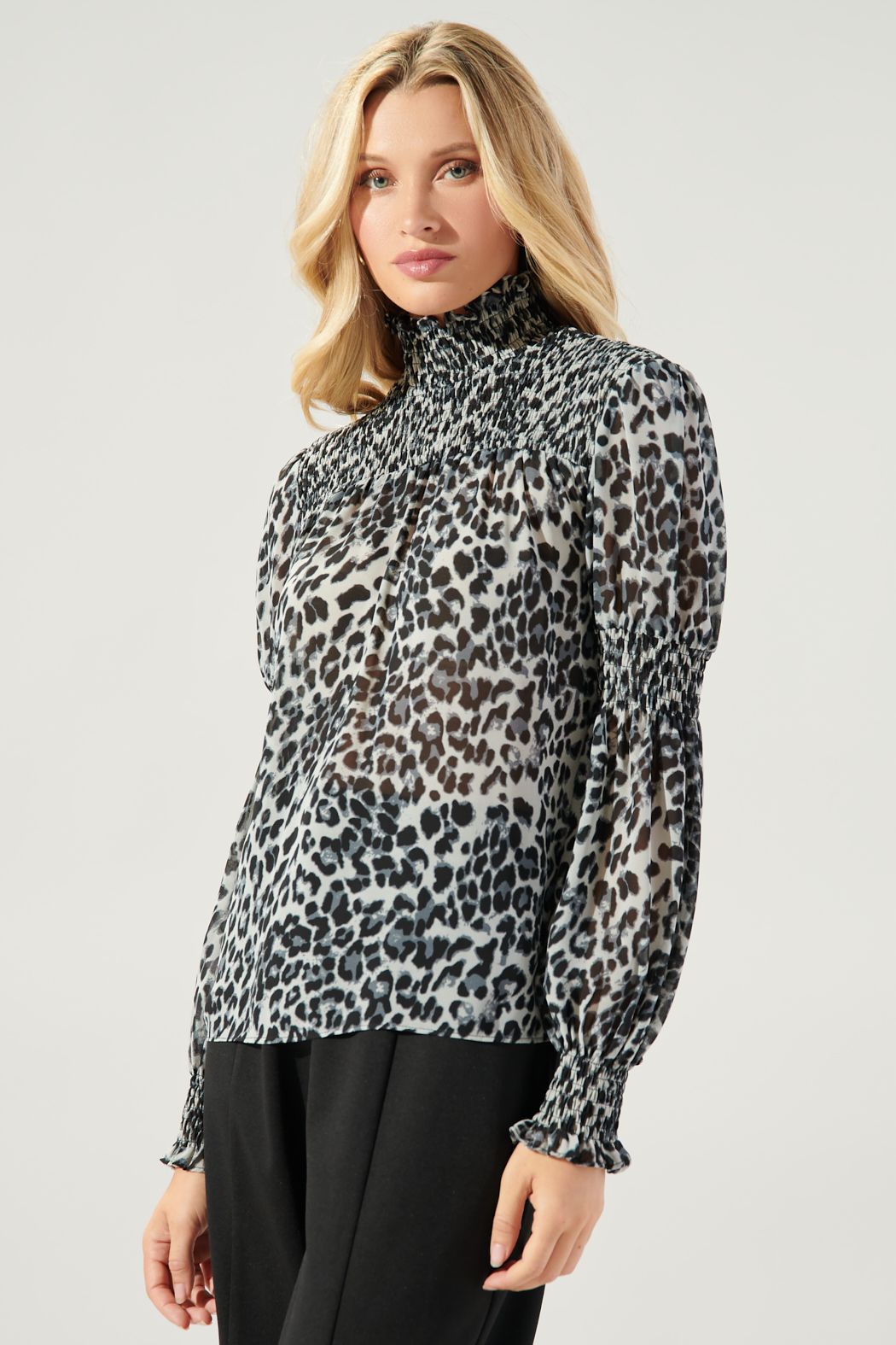 Katherine Leopard Mock Neck Smocked Detail Blouse - 538A