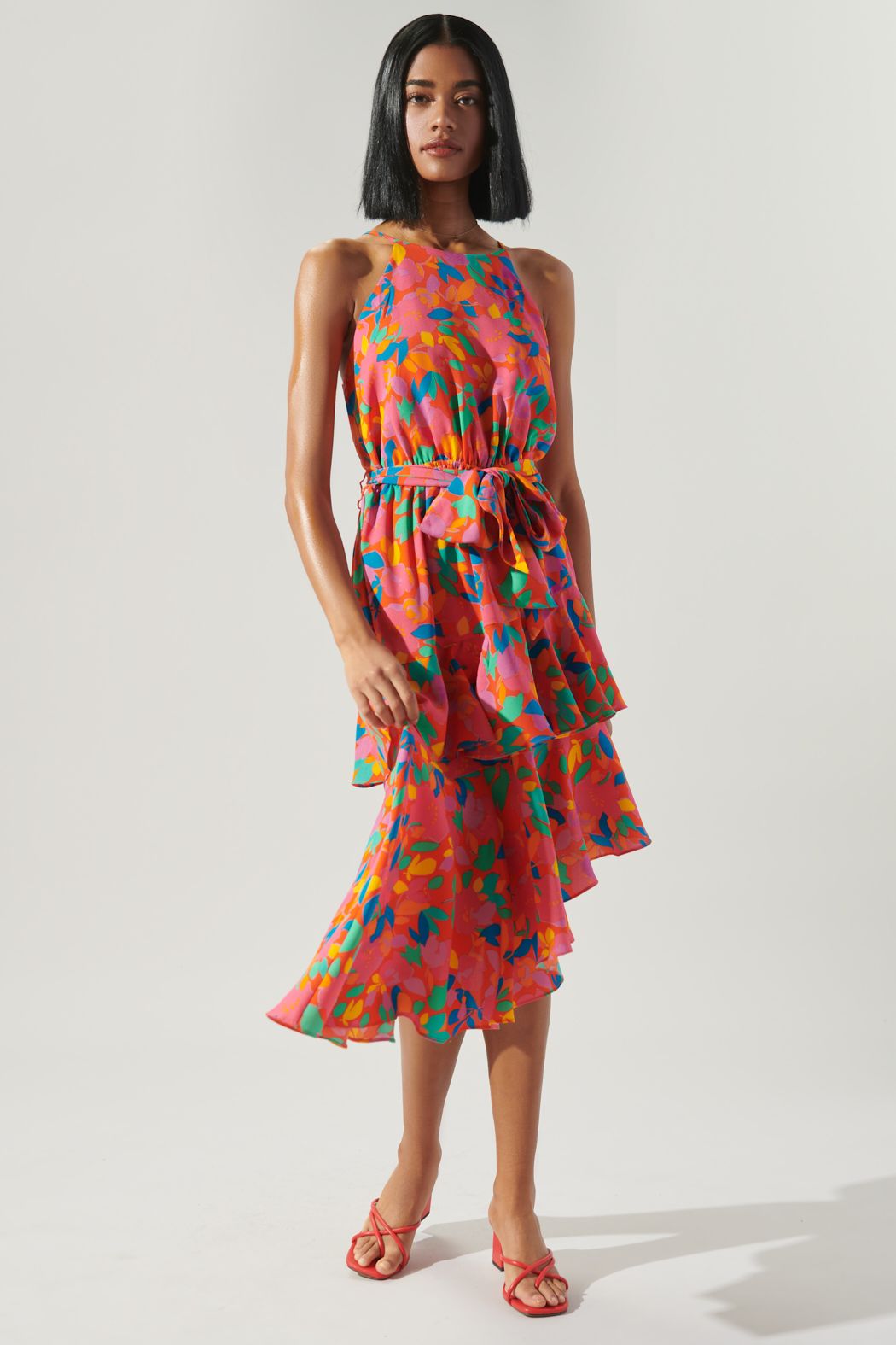 Sweet Soul Fruity Floral Asymmetrical Ruffle Midi Dress - B402