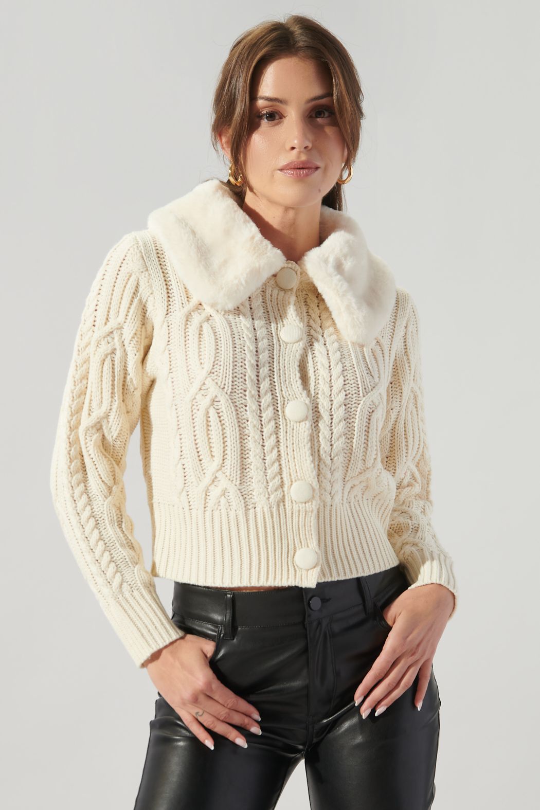 In a Flurry Cable Knit Fur Collar Cardigan - 589B