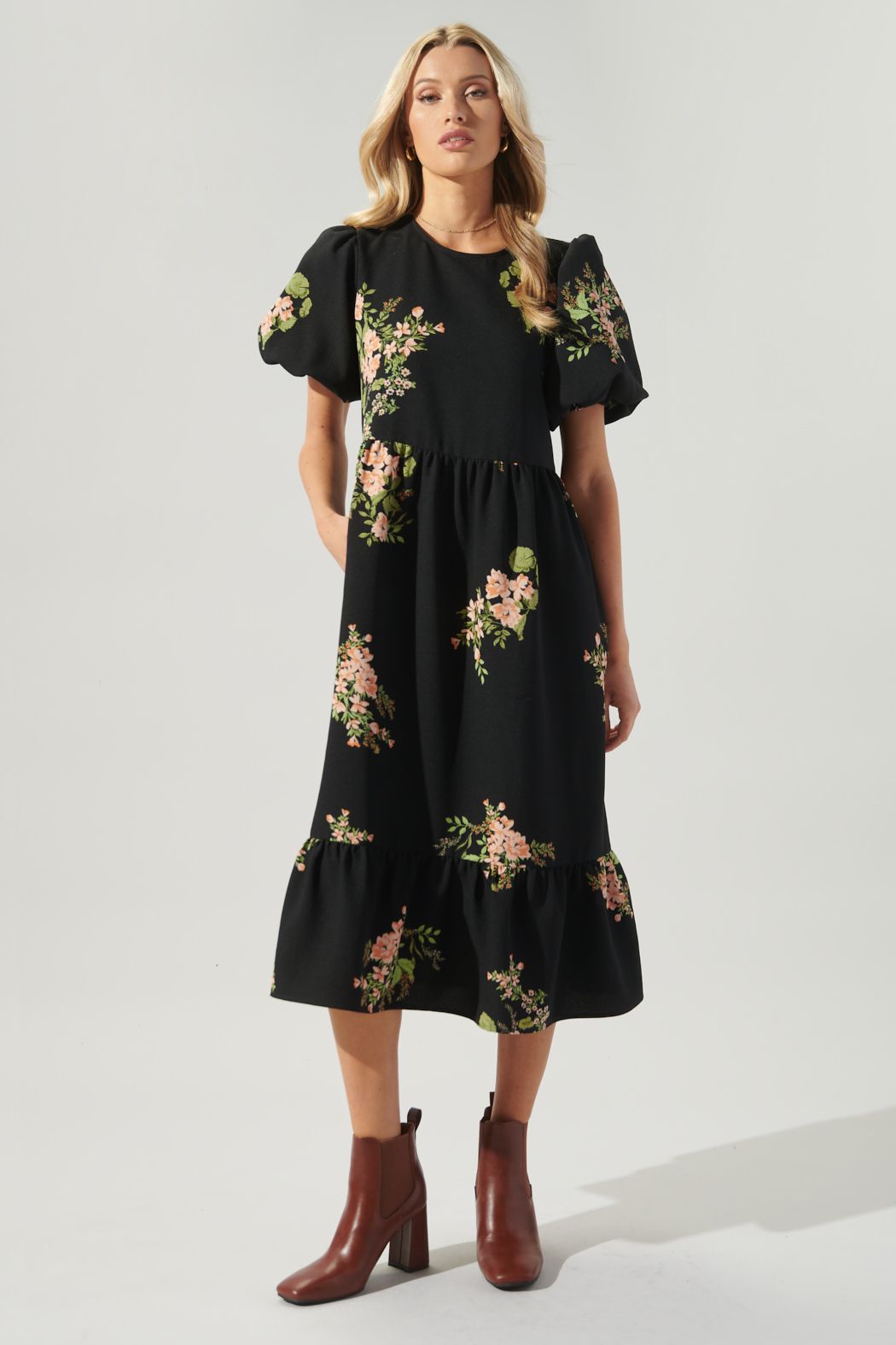 Jasleen Floral Papillon Puff Sleeve Midi Dress - D108