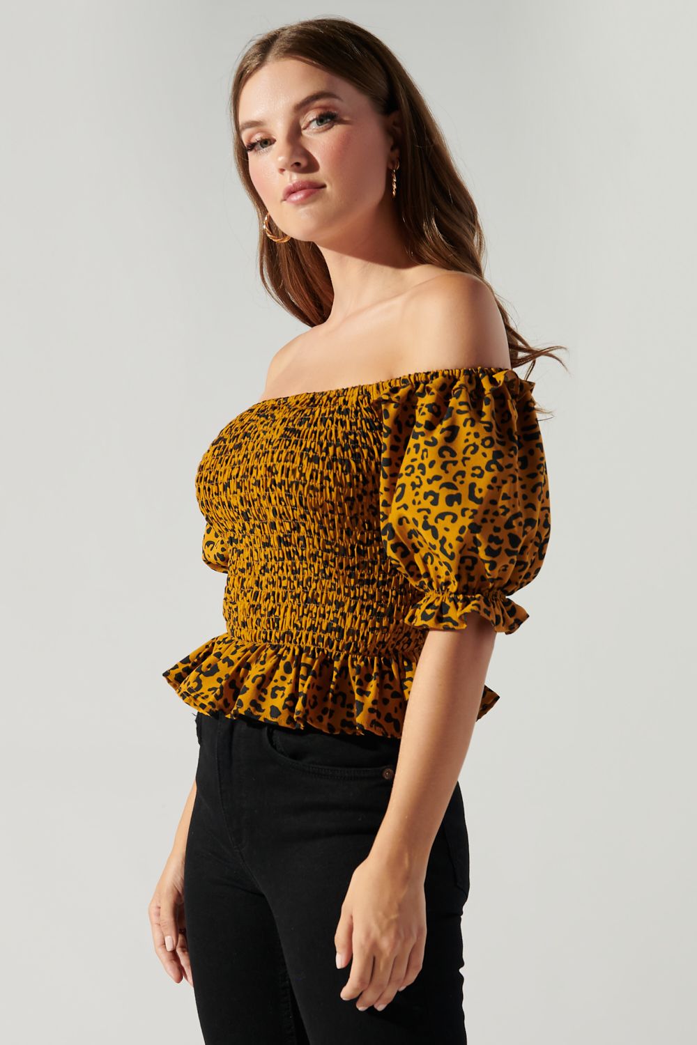 Alexi Leopard Off the Shoulder Smocked Bodice Top - C416