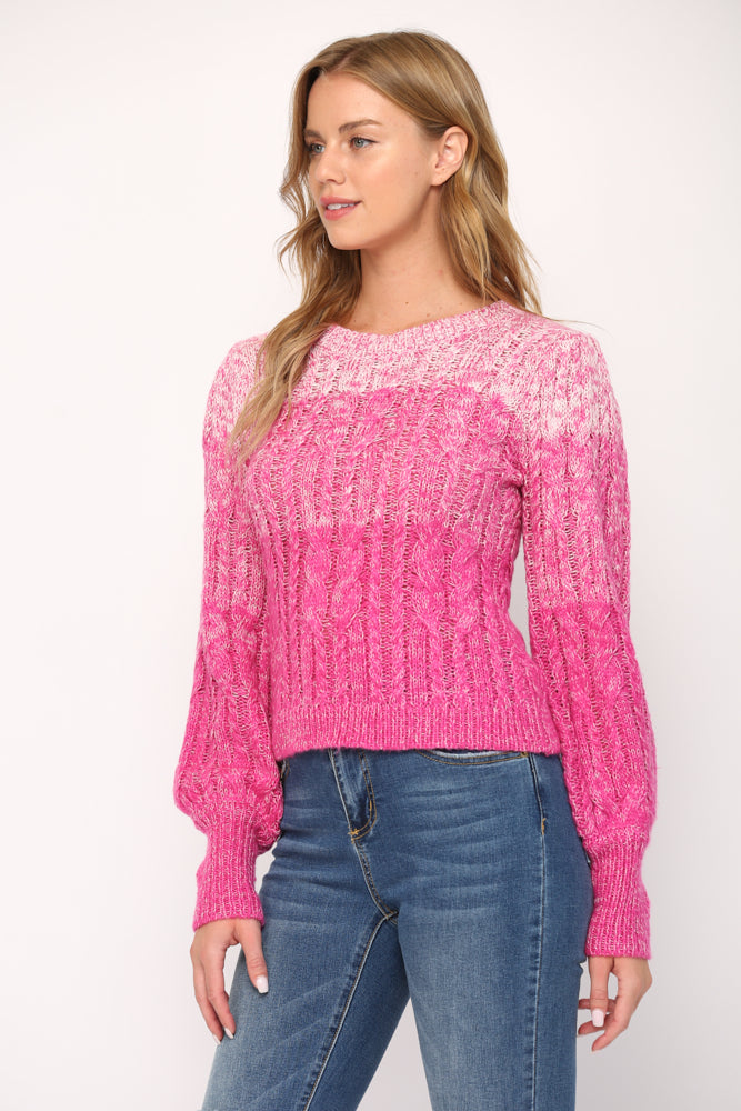 WOOL BLEND CABLE KNITTED PUFF SLEEVE OMBRE SWEATER - 599FB