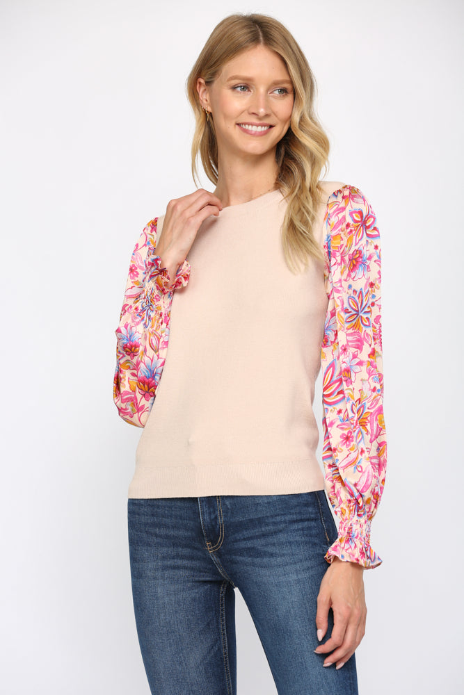 CONTRAST FLORAL PRINT WOVEN SLEEVE SWEATER - 606FB