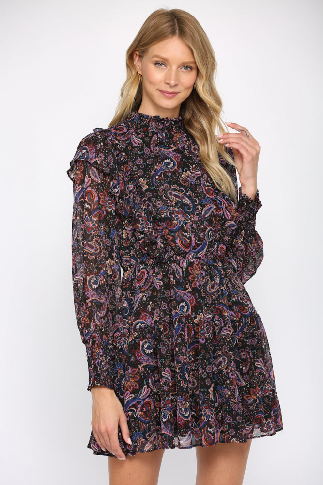 Paisley Print High Smocked Neckline Ruffle Dress - D401