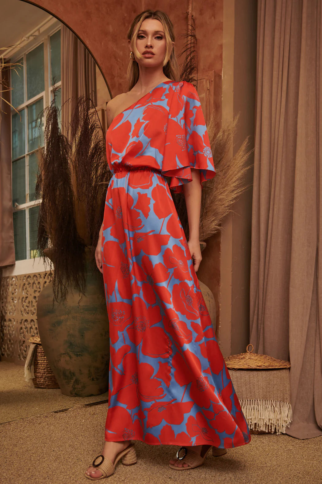 Poppy Floral Meara One Shoulder Satin Maxi Dress - A509