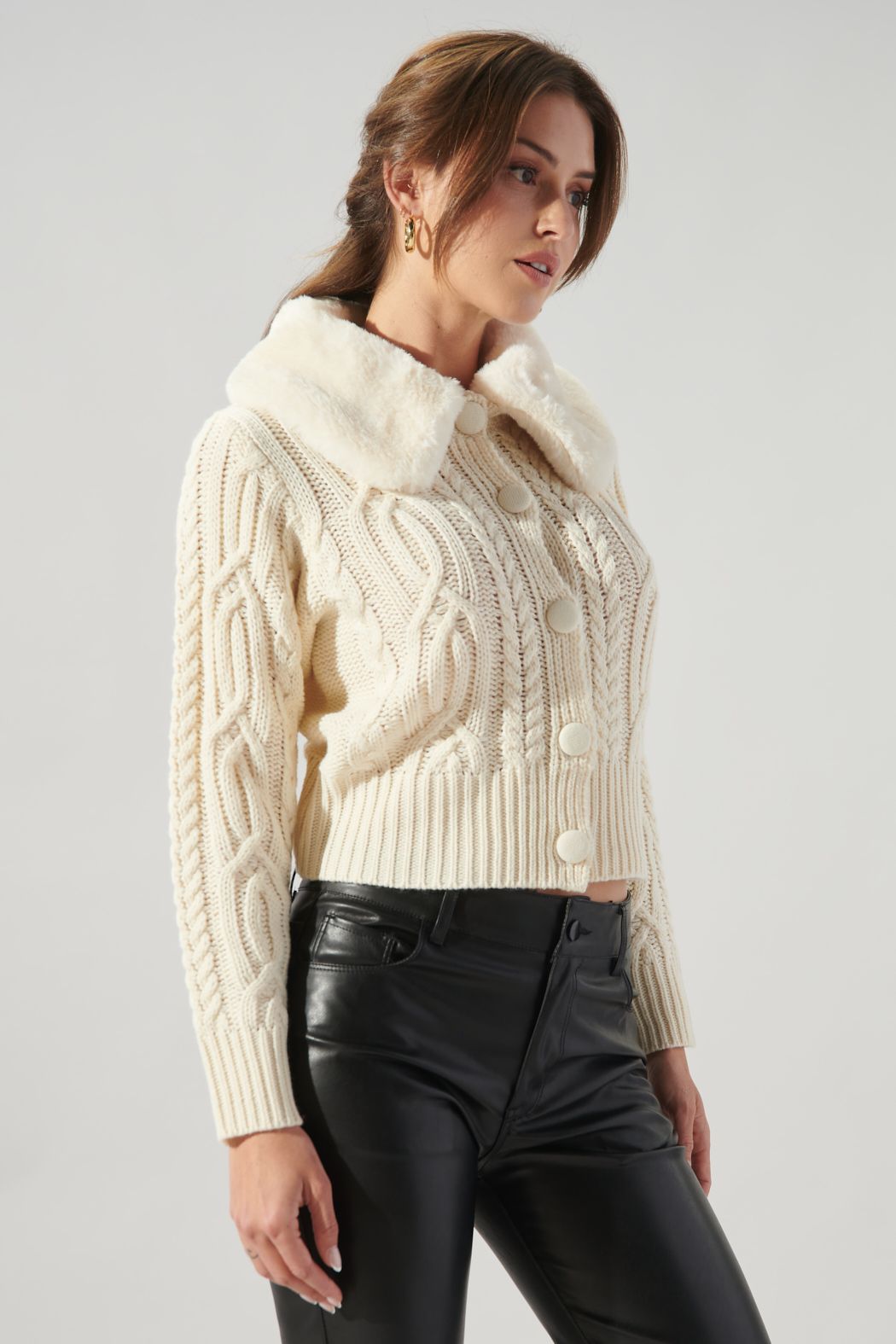 In a Flurry Cable Knit Fur Collar Cardigan - 589B