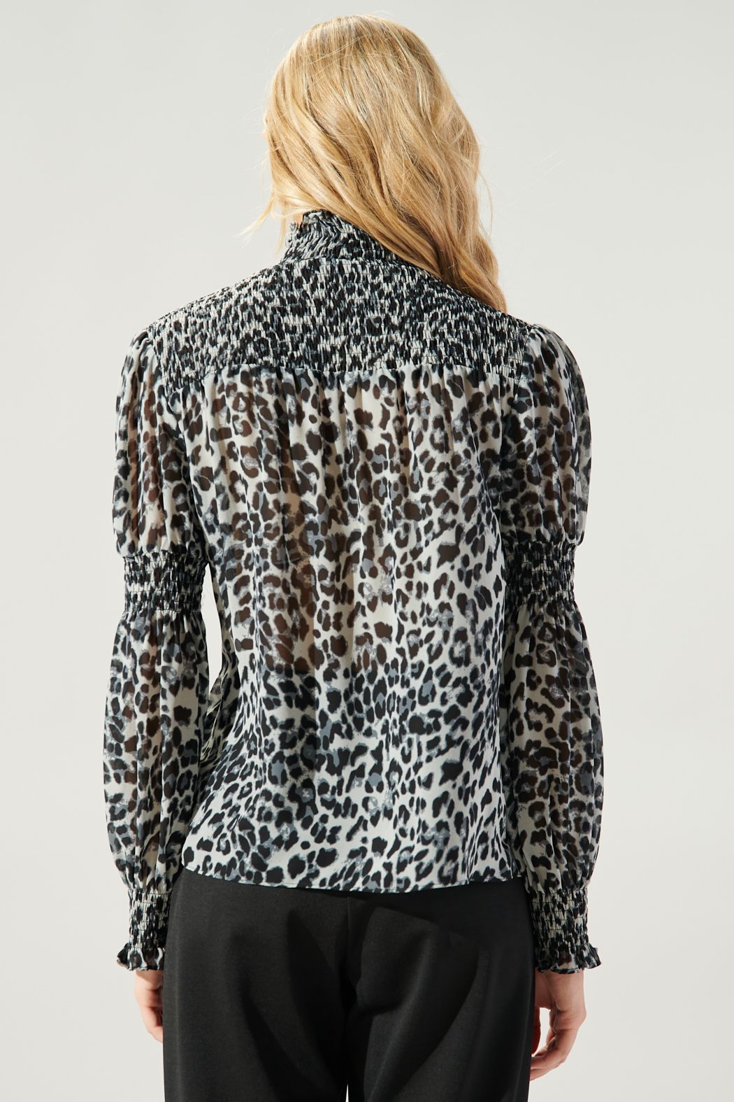 Katherine Leopard Mock Neck Smocked Detail Blouse - 538A