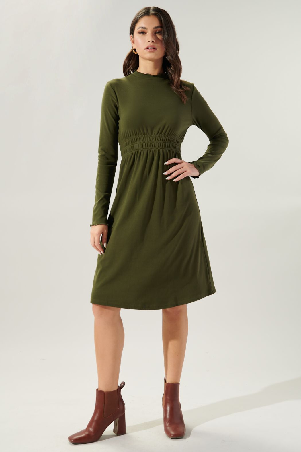 Preslie Mock Neck Smocked Waist Dress - D109