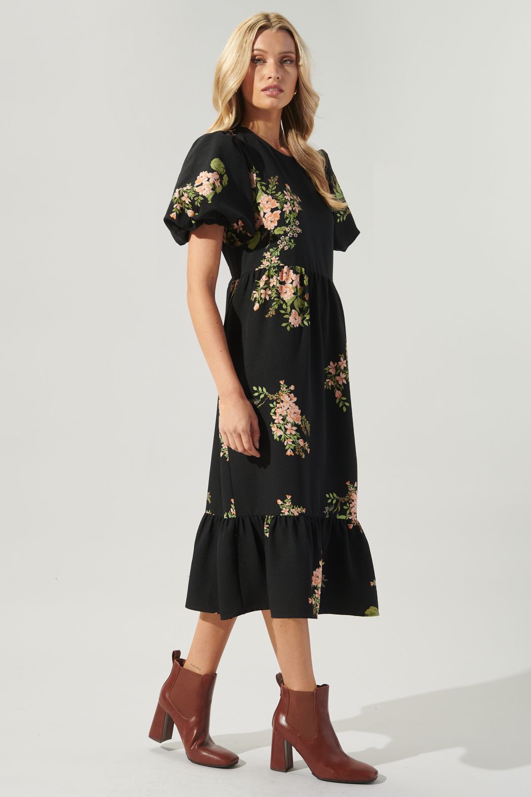 Jasleen Floral Papillon Puff Sleeve Midi Dress - D108