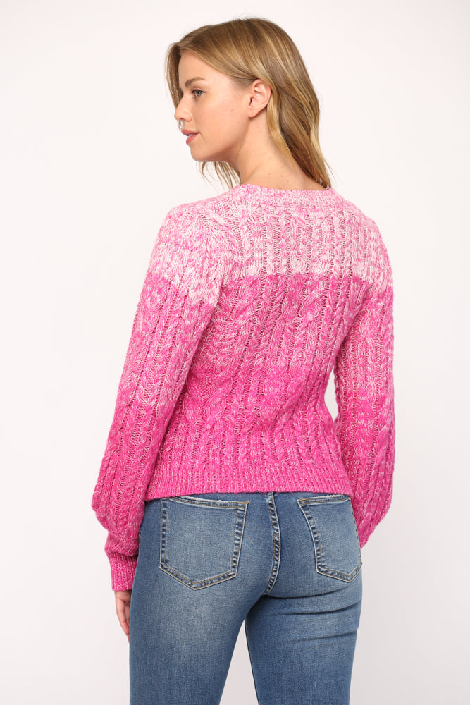 WOOL BLEND CABLE KNITTED PUFF SLEEVE OMBRE SWEATER - 599FB