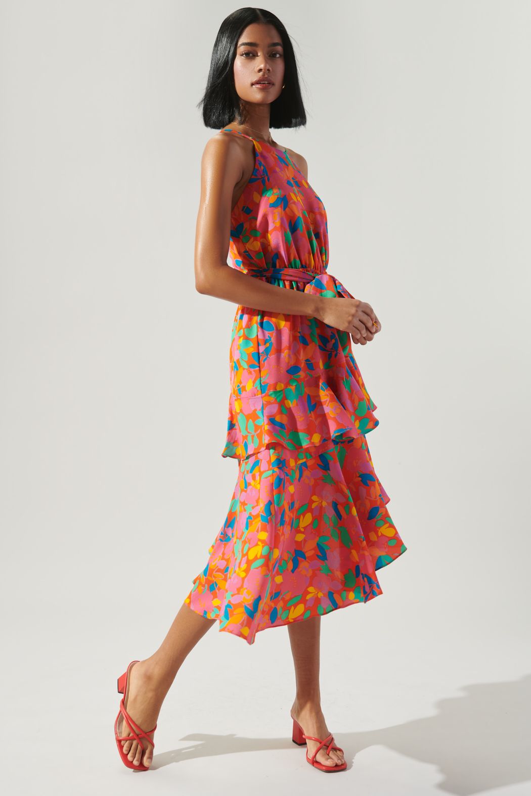 Sweet Soul Fruity Floral Asymmetrical Ruffle Midi Dress - B402