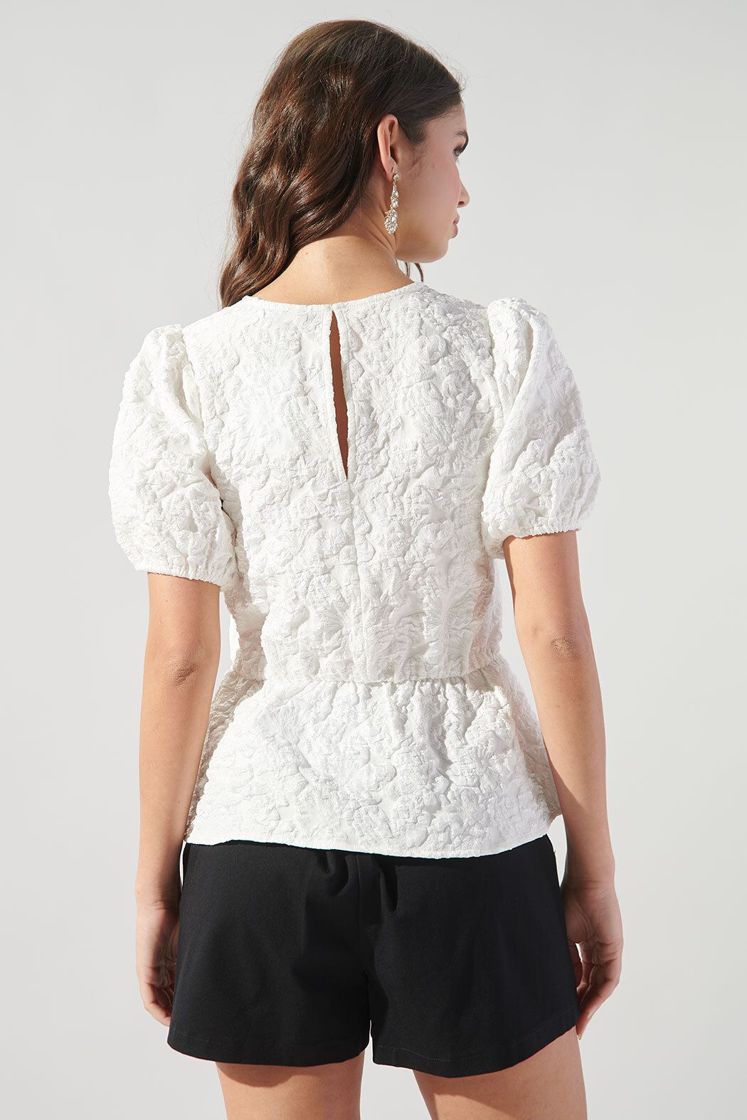 Nohemi Embossed Floral Puff Sleeve Peplum Top - A523