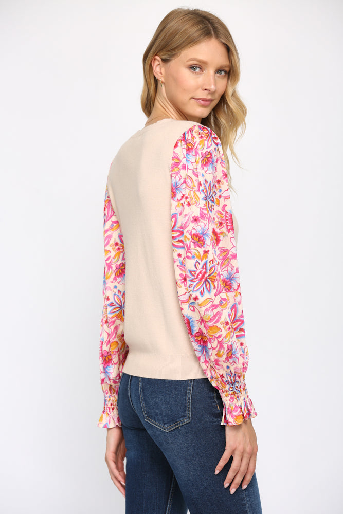 CONTRAST FLORAL PRINT WOVEN SLEEVE SWEATER - 606FB