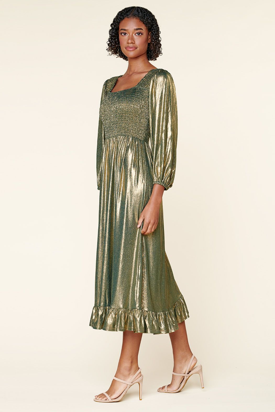 Channing Foil Ribbed Knit Smocked Midi Dress - C203