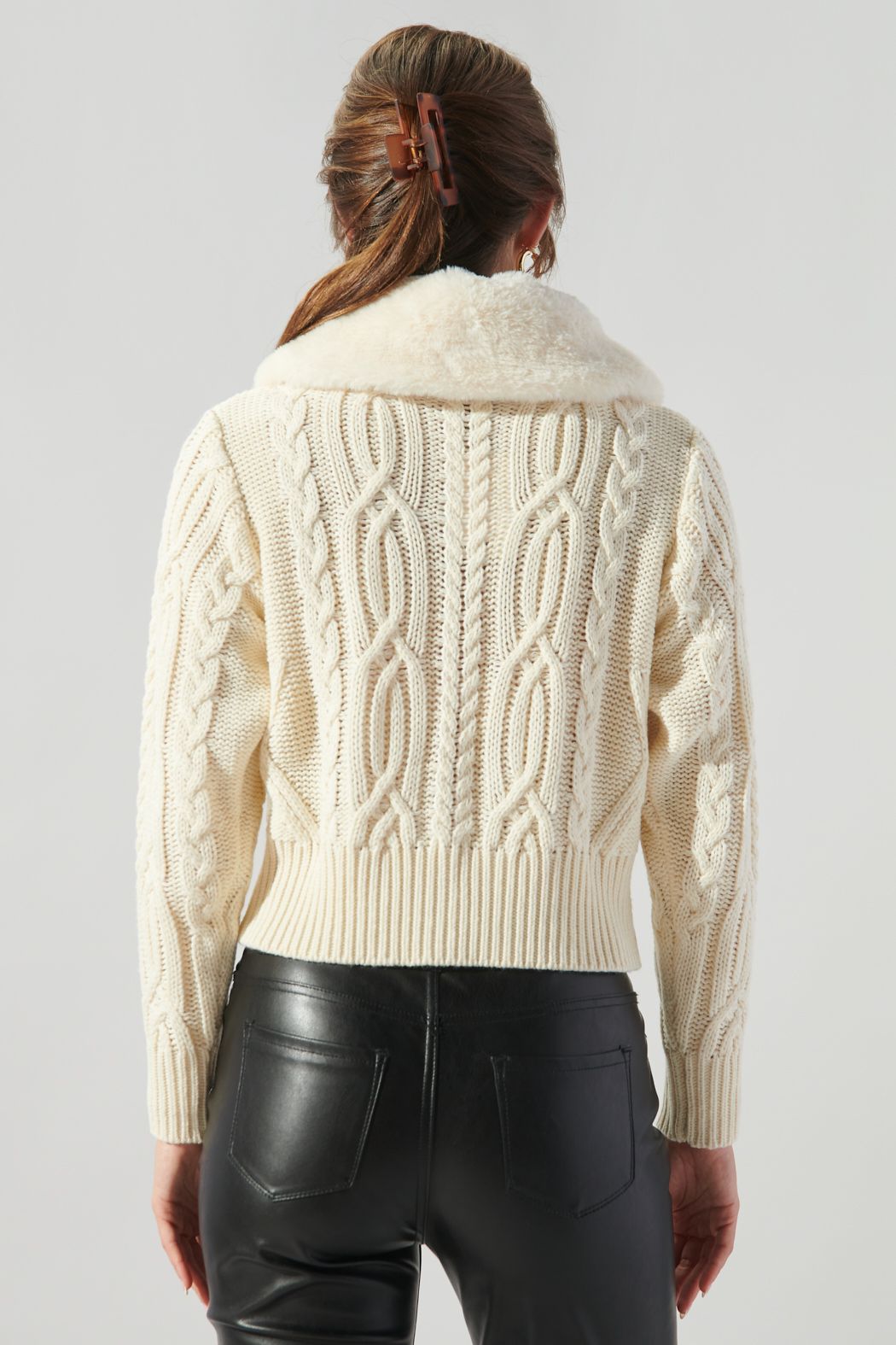 In a Flurry Cable Knit Fur Collar Cardigan - 589B