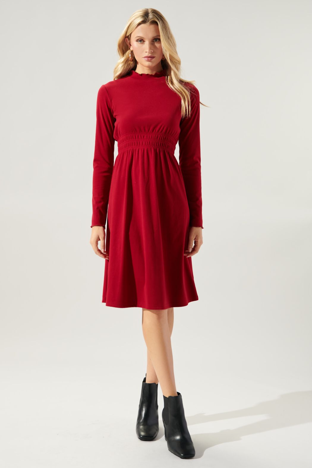 Preslie Mock Neck Smocked Waist Dress - D109