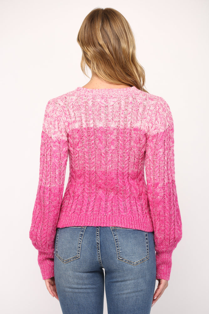 WOOL BLEND CABLE KNITTED PUFF SLEEVE OMBRE SWEATER - 599FB