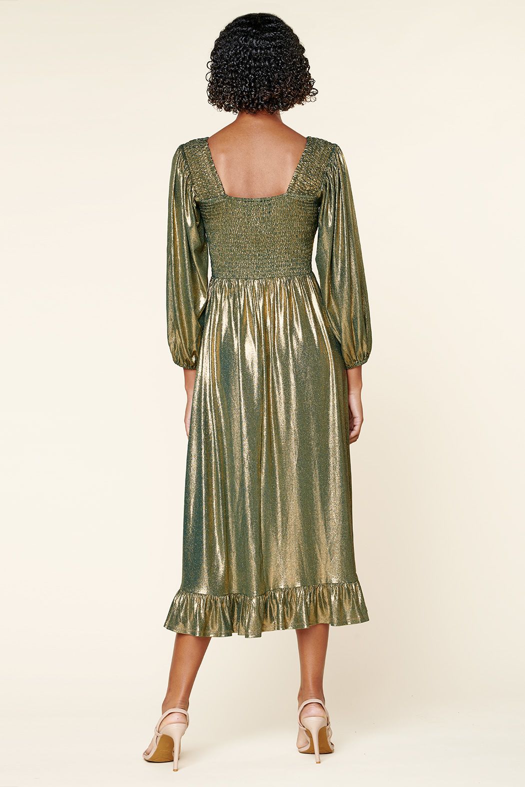 Channing Foil Ribbed Knit Smocked Midi Dress - C203