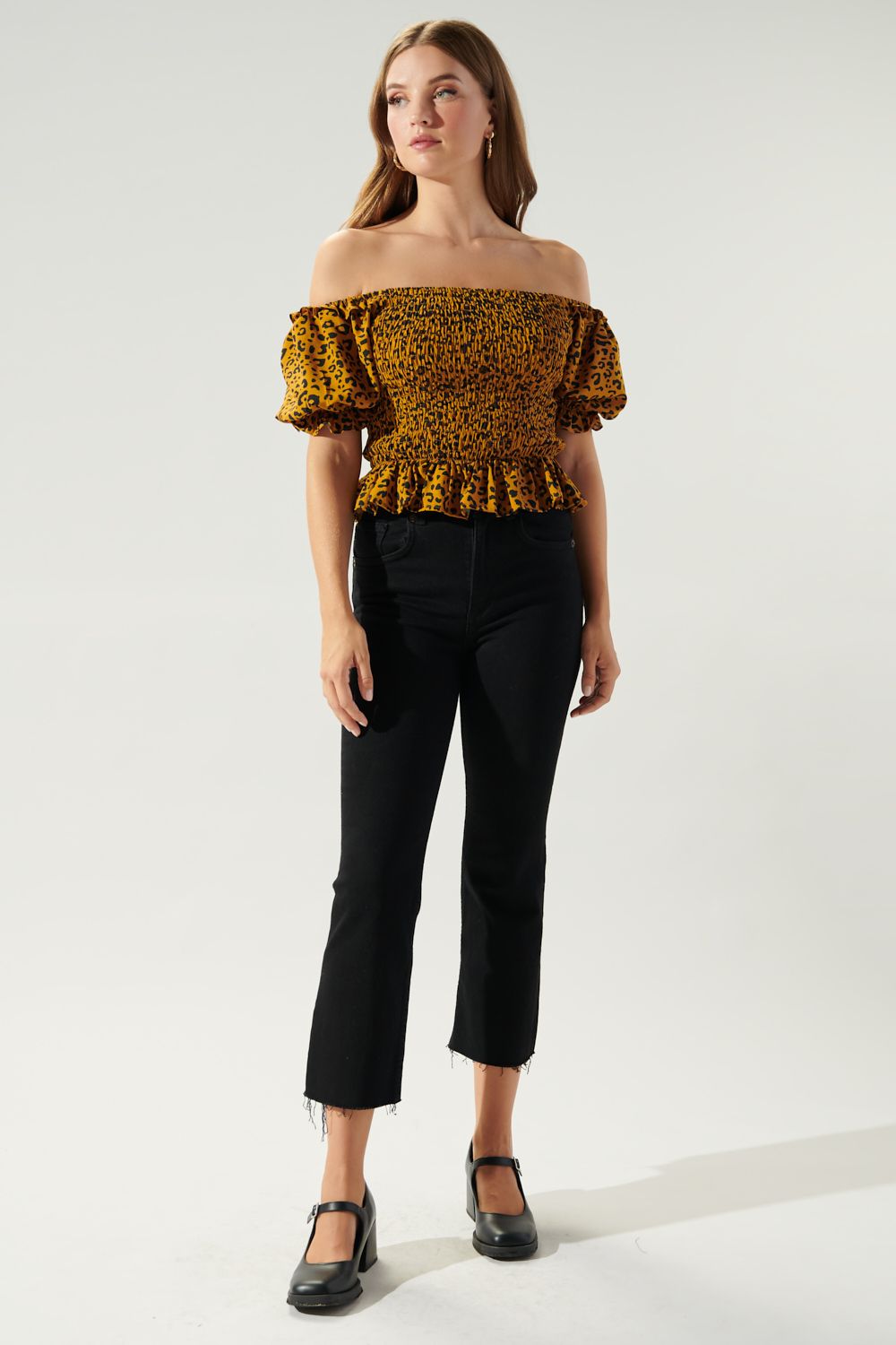 Alexi Leopard Off the Shoulder Smocked Bodice Top - C416