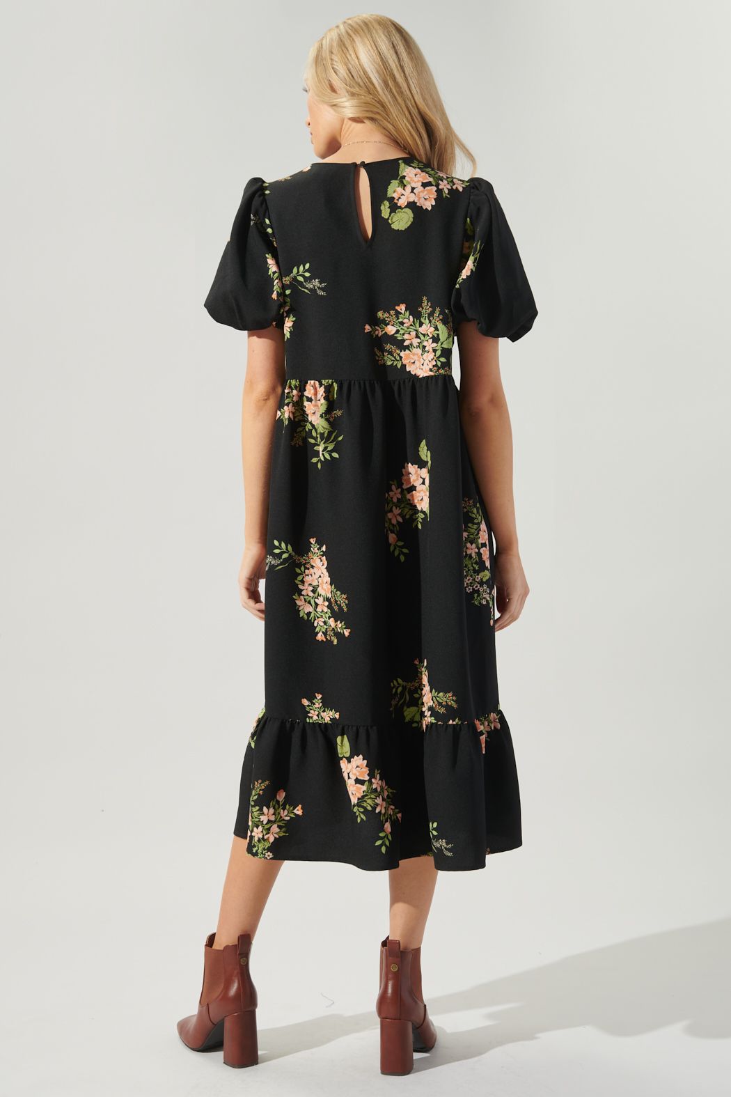 Jasleen Floral Papillon Puff Sleeve Midi Dress - D108