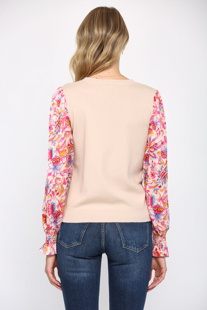 CONTRAST FLORAL PRINT WOVEN SLEEVE SWEATER - 606FB