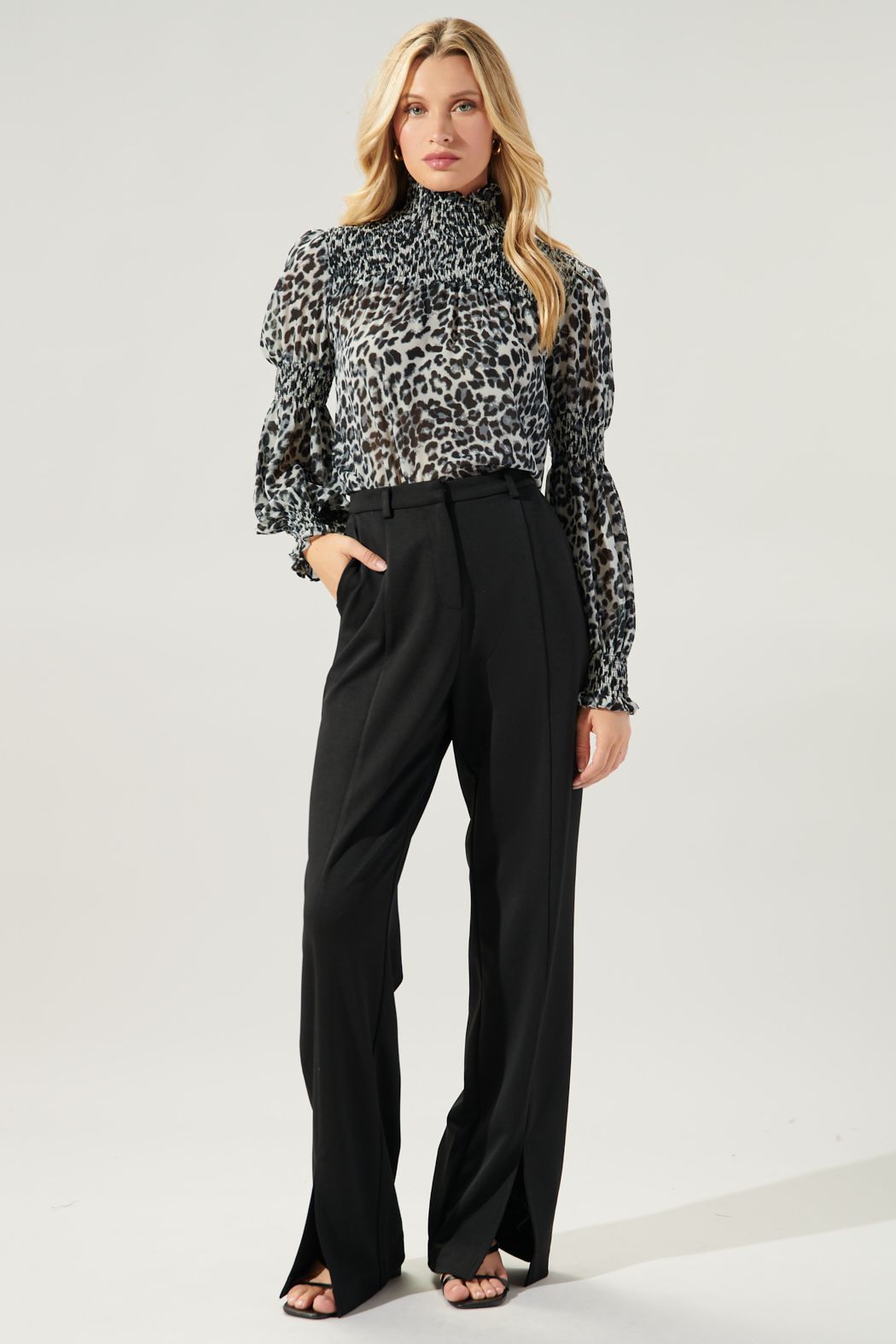 Katherine Leopard Mock Neck Smocked Detail Blouse - 538A