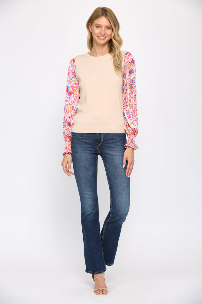 CONTRAST FLORAL PRINT WOVEN SLEEVE SWEATER - 606FB