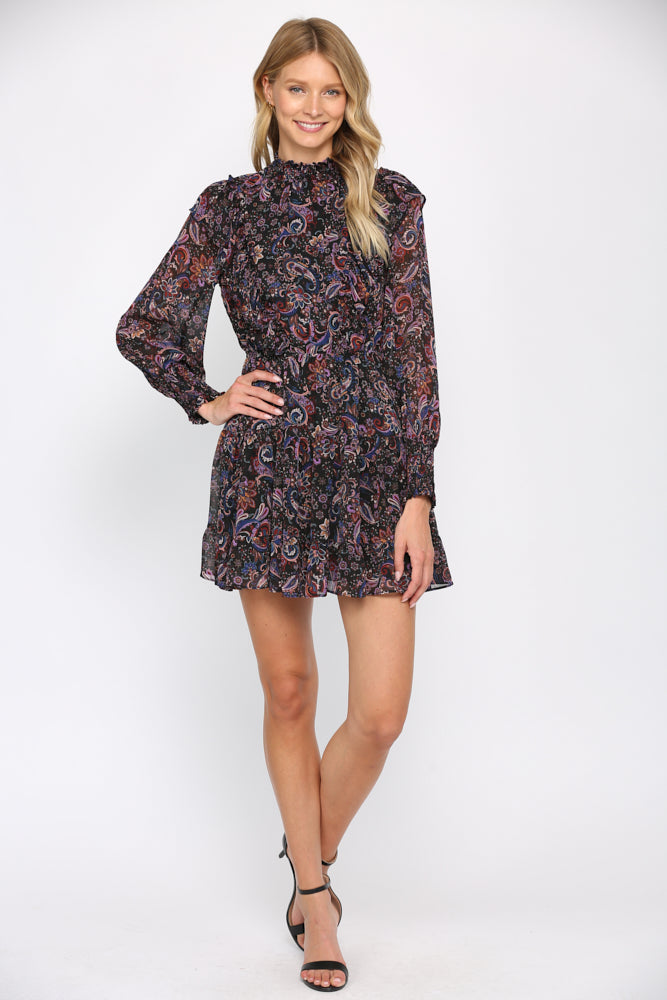 Paisley Print High Smocked Neckline Ruffle Dress - D401