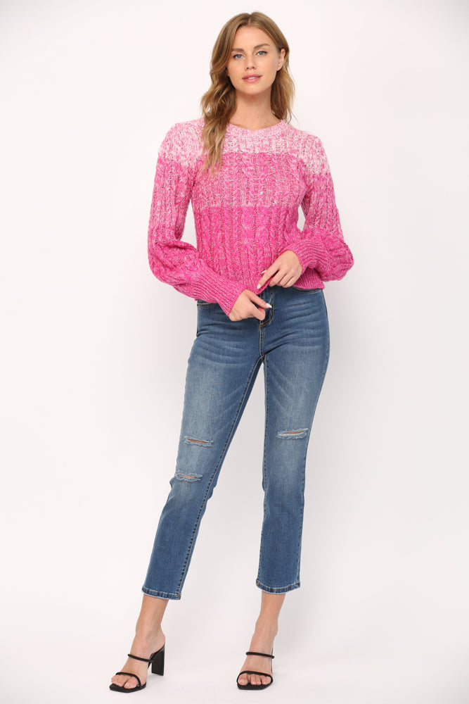 WOOL BLEND CABLE KNITTED PUFF SLEEVE OMBRE SWEATER - 599FB