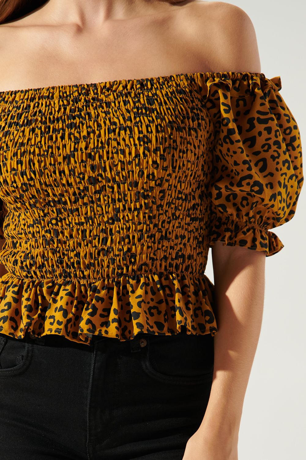 Alexi Leopard Off the Shoulder Smocked Bodice Top - C416